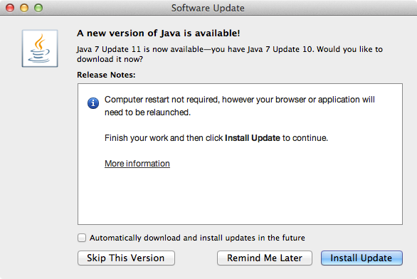 If the auto update failed, download Java 7 Update 11 manually .