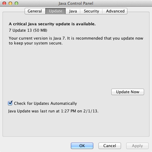 Java 7 Update 13 Control Panel