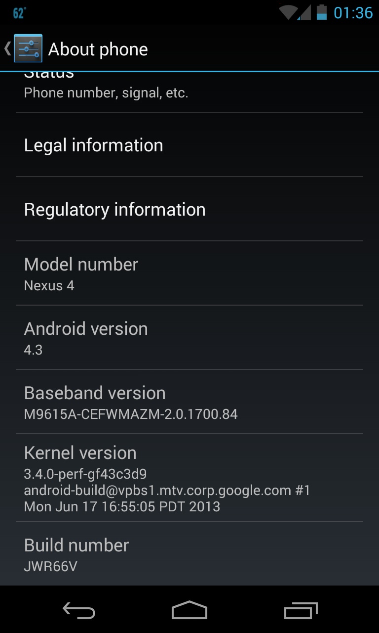 Android 4.3 on Nexus 4 About Phone