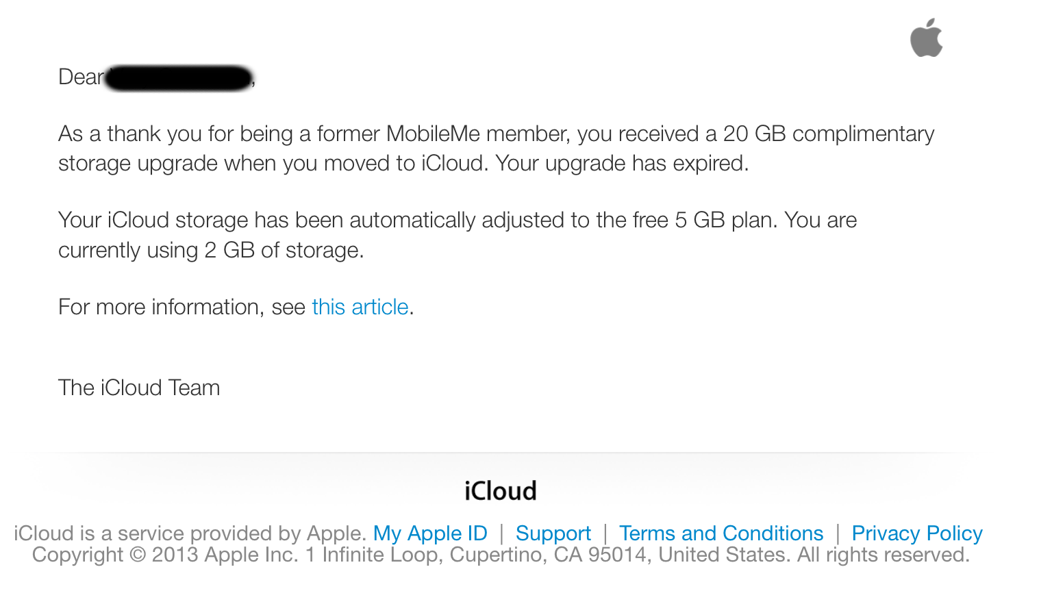 MobileMe Complimentary Storage has ended