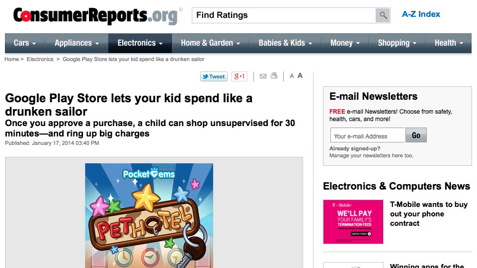 Consumer Reports article about Google Play Store