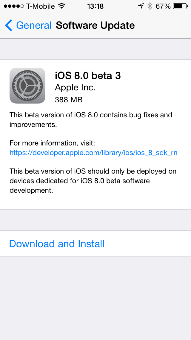 iOS 8.0 beta 3 Software Update