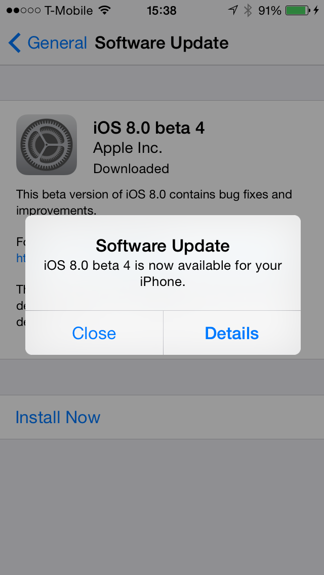 iOS 8.0 beta 4 Update on iPhone 5s