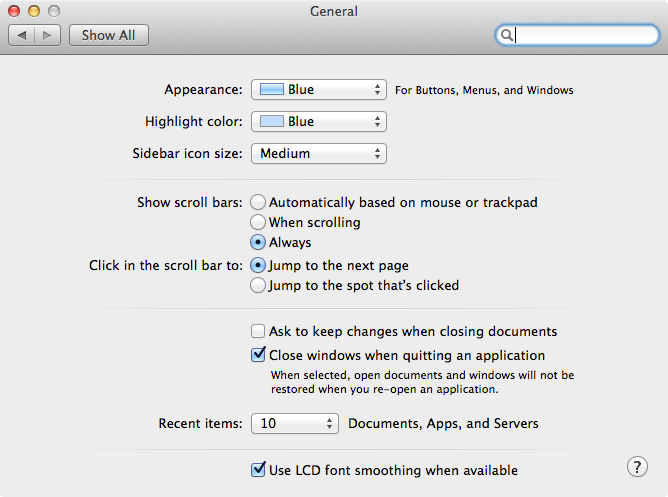 OS X Show Scroll Bars