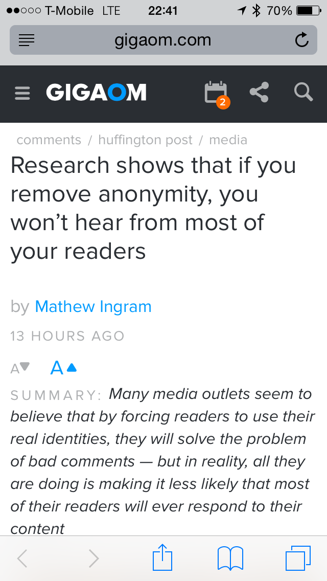 GigaOM Headline on Anonymity