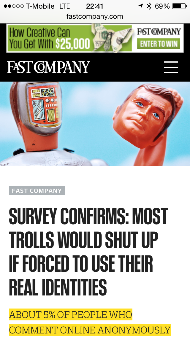 Fast Company Headline on Anonymity