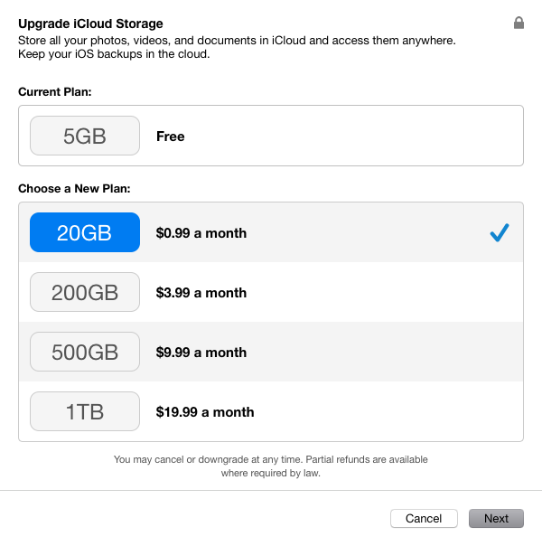 iCloud Storrage Upgrade 20GB