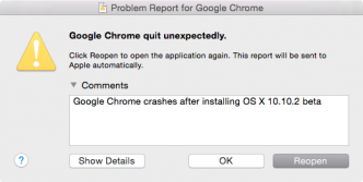 Google Chrome Crases in OS X 10.10.2 beta build 14C68k