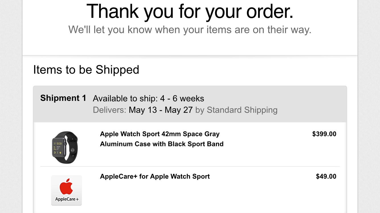 Apple Watch Sport Pre-Order Spay Gray 4-6 Weeks