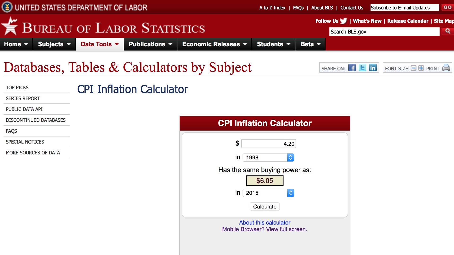 Databases, Tables & Calculators By Subject