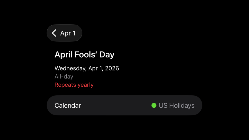 Wednesday April 1, 2026 Calendar Entry